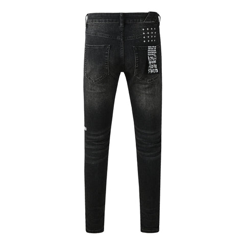 Purple Jeans Mens Skinny Black Jeans with Ripped Embroidery and Printed Back Pocket Streetwear Style 3052