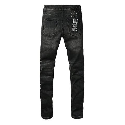 Purple Jeans Mens Skinny Black Jeans with Ripped Embroidery and Printed Back Pocket Streetwear Style 3052