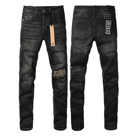 Purple Jeans Mens Skinny Black Jeans with Ripped Embroidery and Printed Back Pocket Streetwear Style 3052