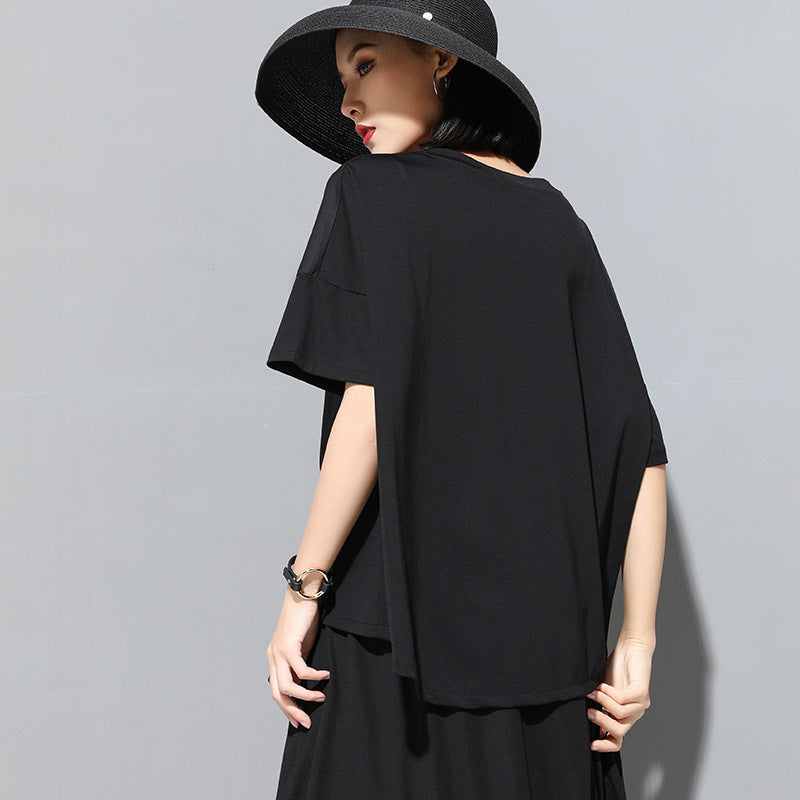 Womens Stylish, Personalized Patchwork Asymmetrical Short-Sleeve Top