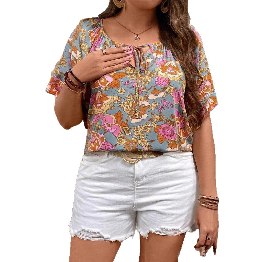 Womens Relaxed-fit V-neck Mid-sleeve Printed Top