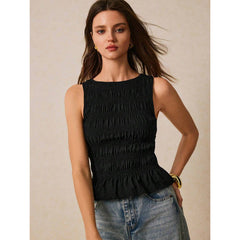 Womens Solid-Color Pleated Crew-Neck Casual Tank Top