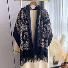 Womens High-End Warm Dual-Use Embroidered Tassel Shawl