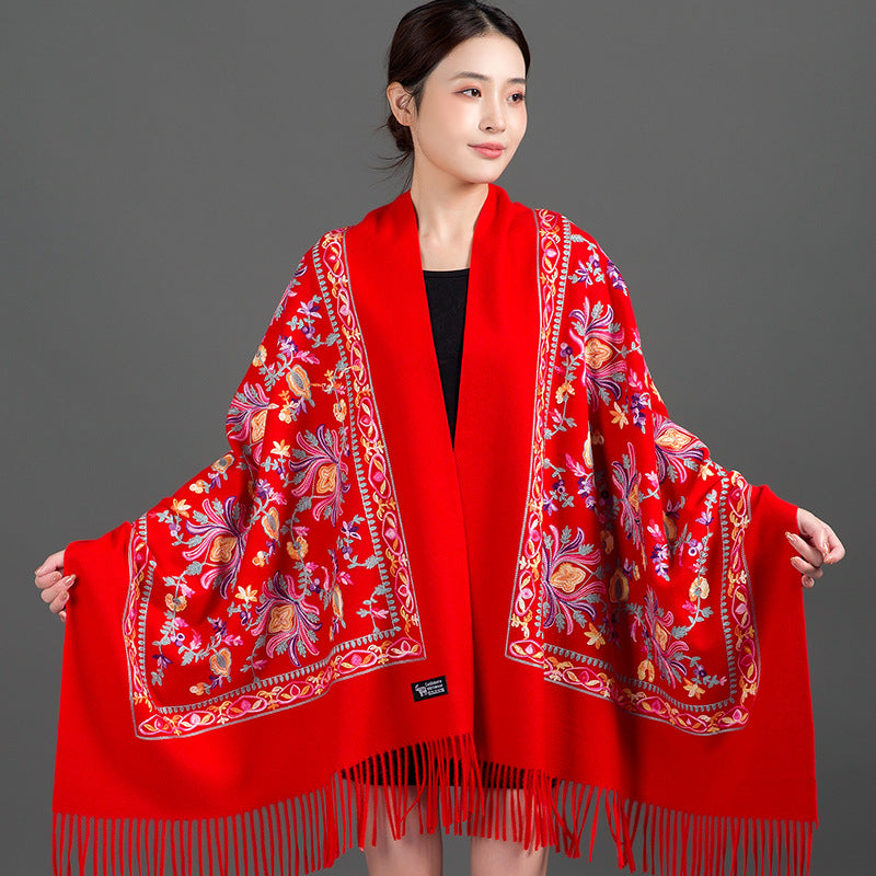 Thickened Tibetan-Nepalese Embroidered Cashmere-Style Scarf For Winter
