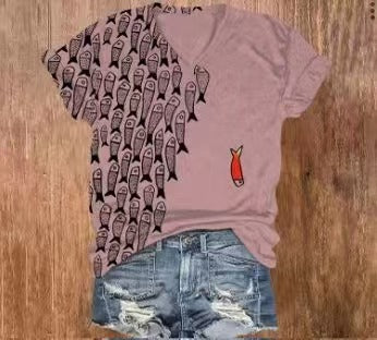 Womens Printed V-Neck Short-Sleeve Top