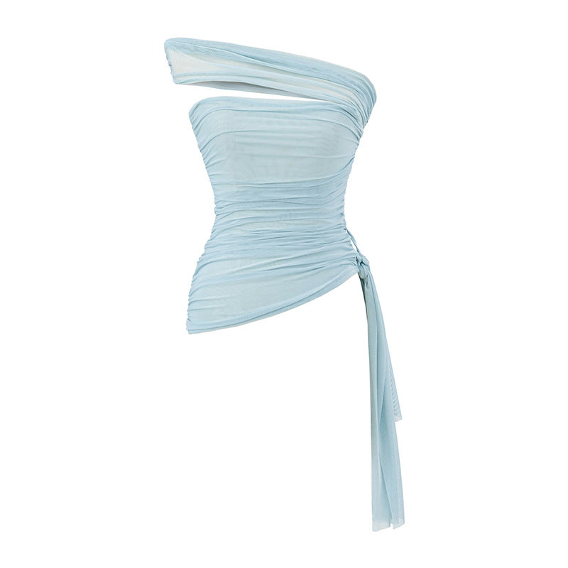 Korean-style Off-shoulder Mesh Top With An Irregular Hem And No Sleeves