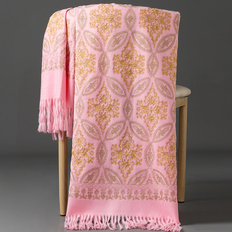Autumn Winter Embroidered Golden Silk Lily Design In Xinjiang Cashmere