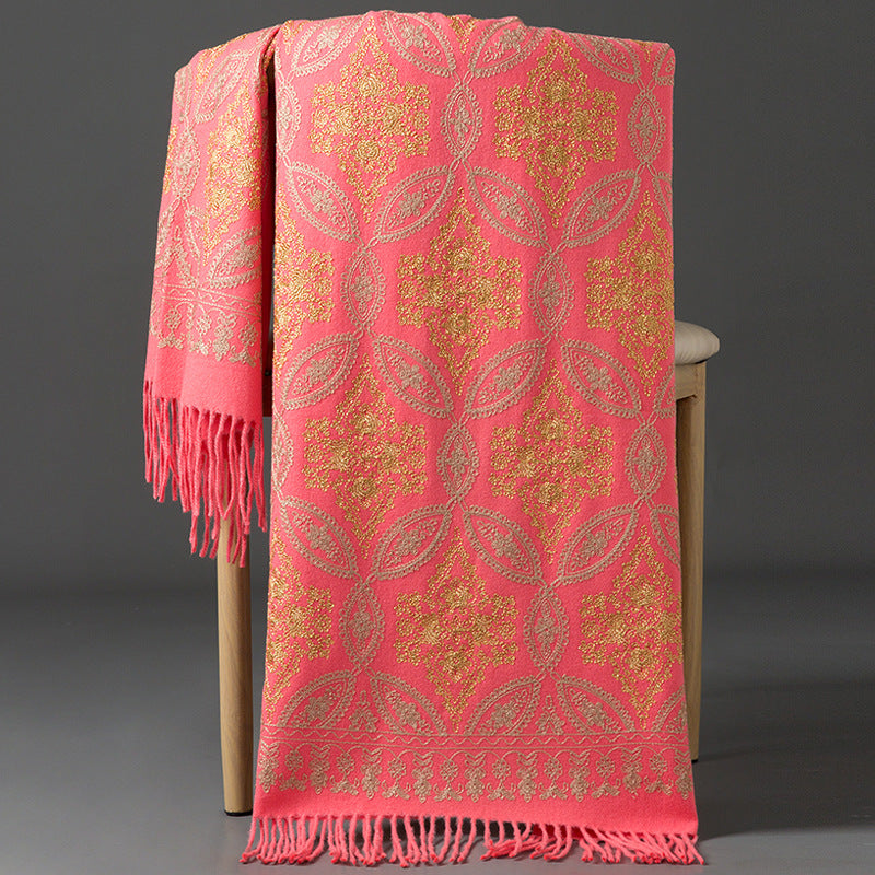 Autumn Winter Embroidered Golden Silk Lily Design In Xinjiang Cashmere