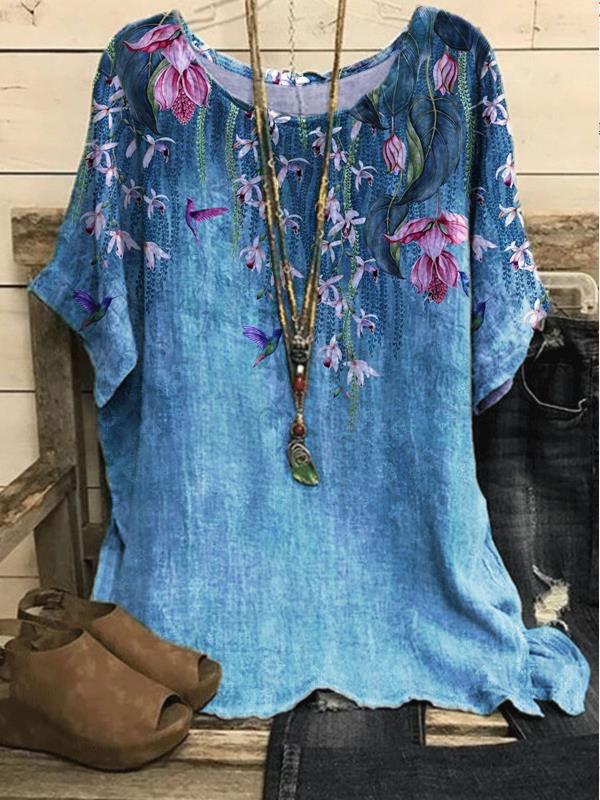 Women's Casual Loose Fashionable Short-Sleeve Printed Crew-Neck Top