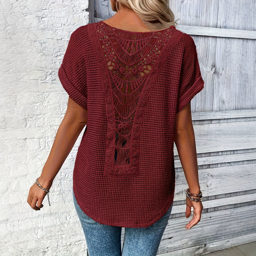 Womens Simple Versatile Lace-Patchwork Crew-Neck Short-Sleeve Top