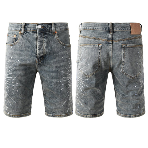 Purple Jeans Men’s Gray Washed Denim Shorts with Shiny Studded Sunburst Pattern Streetwear Fashion Style 5093