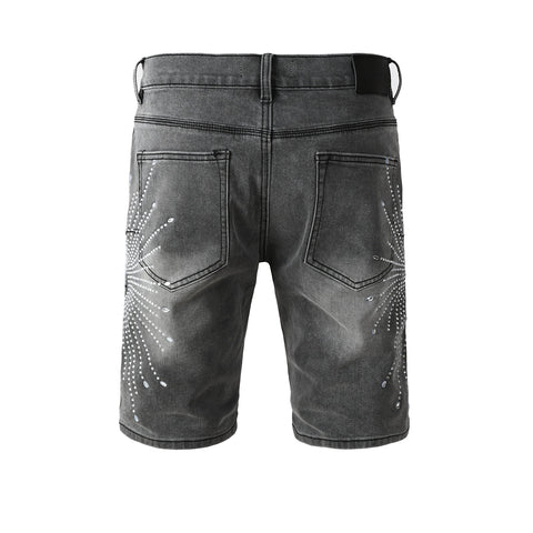 Purple jeans Men’s Grey Washed Denim Shorts with Sparkling Studded Sunburst Design Streetwear Fashion Style 5094