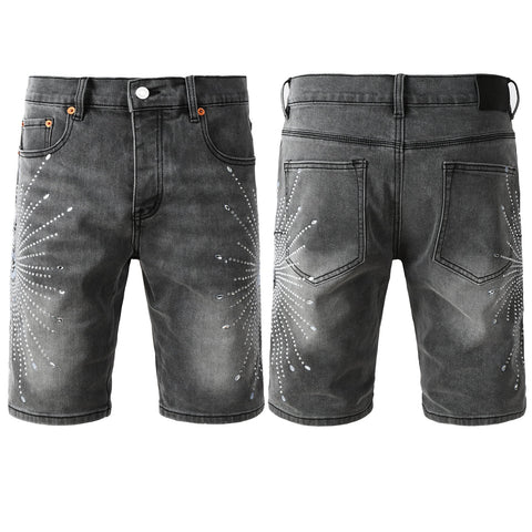 Purple jeans Men’s Grey Washed Denim Shorts with Sparkling Studded Sunburst Design Streetwear Fashion Style 5094