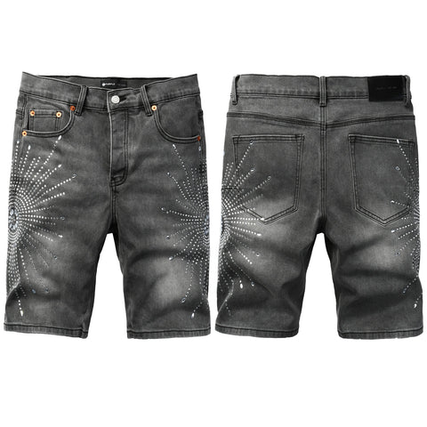 Purple jeans Men’s Grey Washed Denim Shorts with Sparkling Studded Sunburst Design Streetwear Fashion Style 5094