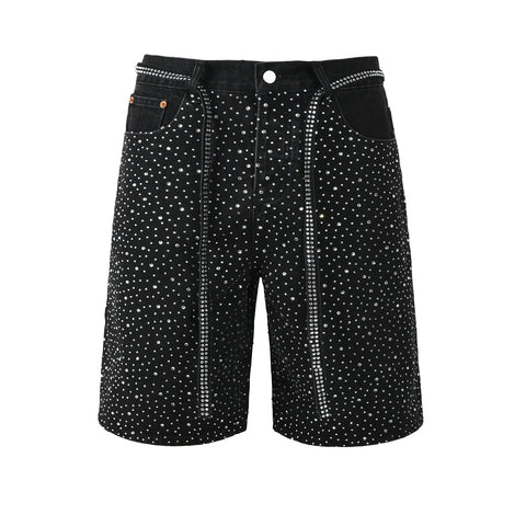 Purple Jeans Mens Black Denim Shorts with Allover Rhinestone Embellishments and Sparkling Party Street Style 5095