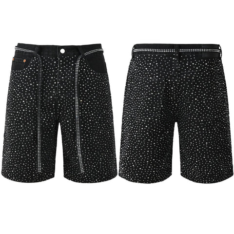 Purple Jeans Mens Black Denim Shorts with Allover Rhinestone Embellishments and Sparkling Party Street Style 5095