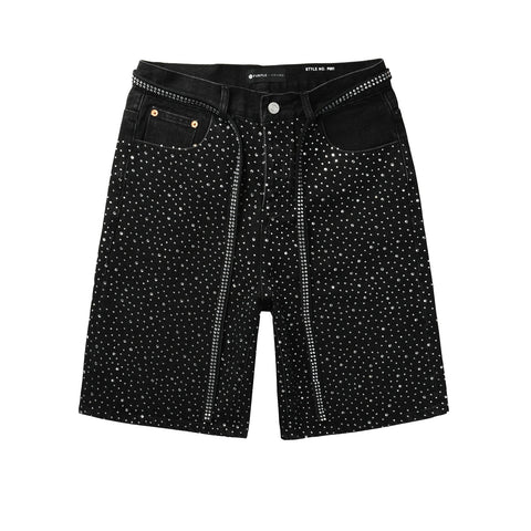 Purple Jeans Mens Black Denim Shorts with Allover Rhinestone Embellishments and Sparkling Party Street Style 5095