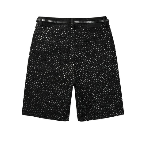 Purple Jeans Mens Black Denim Shorts with Allover Rhinestone Embellishments and Sparkling Party Street Style 5095