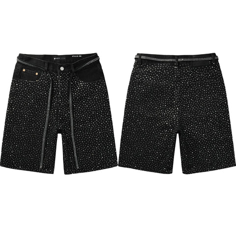 Purple Jeans Mens Black Denim Shorts with Allover Rhinestone Embellishments and Sparkling Party Street Style 5095