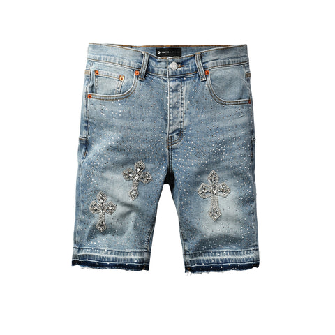 Purple Jeans Men’s Light Blue Denim Shorts with Rhinestone Cross Embellishments and Sparkling Studs 5098
