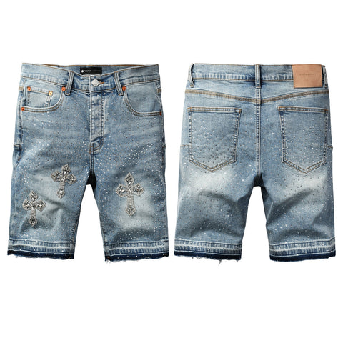 Purple Jeans Men’s Light Blue Denim Shorts with Rhinestone Cross Embellishments and Sparkling Studs 5098