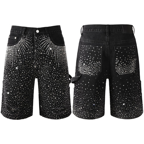Purple Jeans Luxury Bling Men's Black Jean Shorts Covered in Shiny Rhinestones for Night Out Fashion 5099