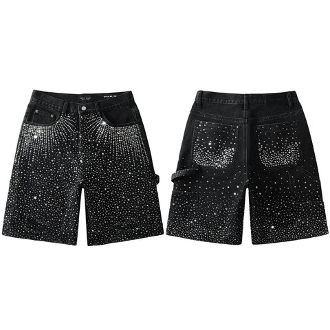 Purple Jeans Luxury Bling Men's Black Jean Shorts Covered in Shiny Rhinestones for Night Out Fashion 5099