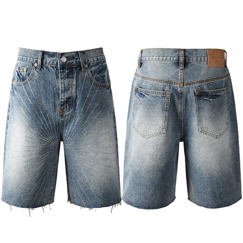 Purple Jeans Men’s Blue Denim Shorts with Rhinestone Sunburst Design and Raw Hem 5100