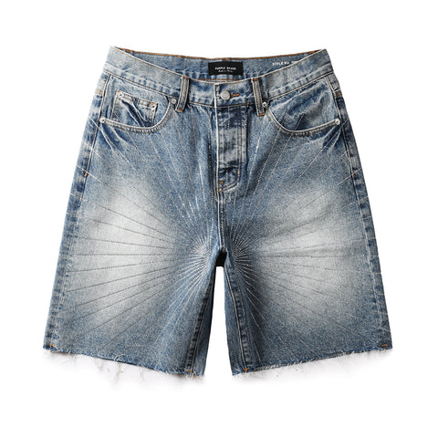 Purple Jeans Men’s Blue Denim Shorts with Rhinestone Sunburst Design and Raw Hem 5100