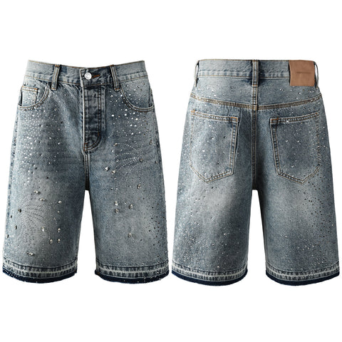 Purple Jeans Luxury Hip Hop Denim Shorts with Glittering Rhinestone Embellishments and Vintage Washed Look 5102