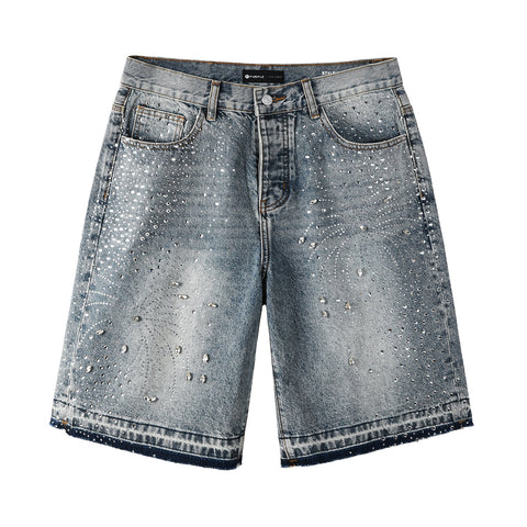 Purple Jeans Luxury Hip Hop Denim Shorts with Glittering Rhinestone Embellishments and Vintage Washed Look 5102