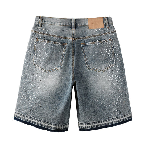 Purple Jeans Luxury Hip Hop Denim Shorts with Glittering Rhinestone Embellishments and Vintage Washed Look 5102