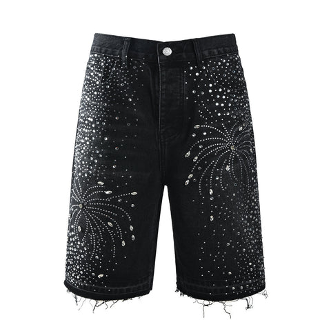 Purple Jeans Men’s Black Rhinestone Denim Shorts with Firework Crystal Design 5103