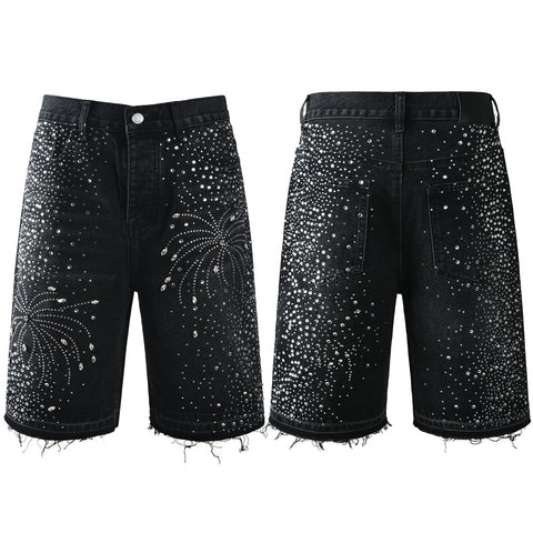 Purple Jeans Men’s Black Rhinestone Denim Shorts with Firework Crystal Design 5103