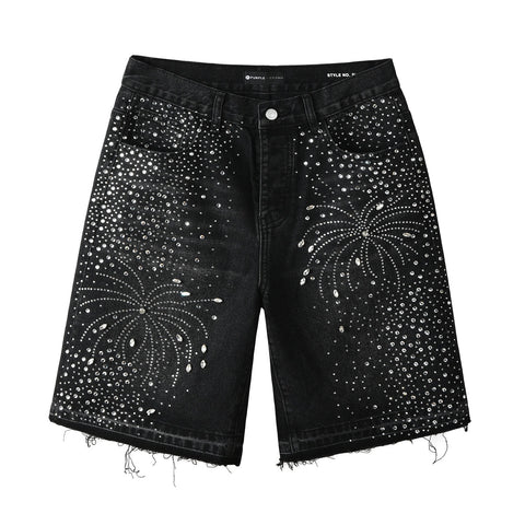 Purple Jeans Men’s Black Rhinestone Denim Shorts with Firework Crystal Design 5103