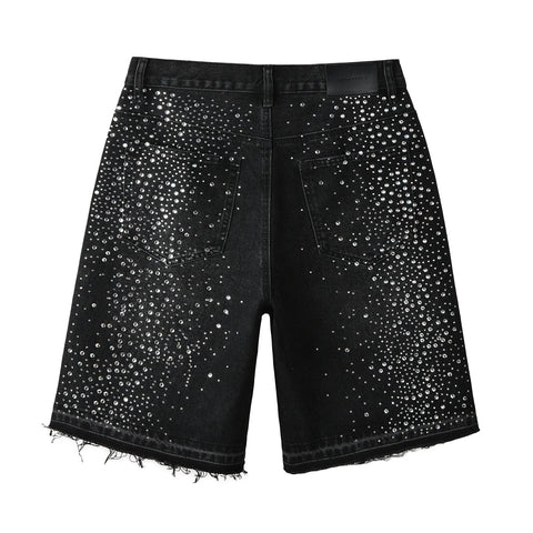 Purple Jeans Men’s Black Rhinestone Denim Shorts with Firework Crystal Design 5103