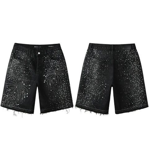 Purple Jeans Men’s Black Rhinestone Denim Shorts with Firework Crystal Design 5103