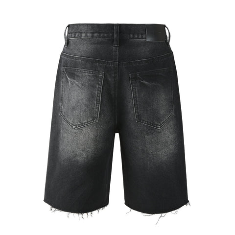 Purple Jeans Men’s Black Denim Shorts with Radiating Studded Stripe Design Raw Hem Streetwear Style 5104