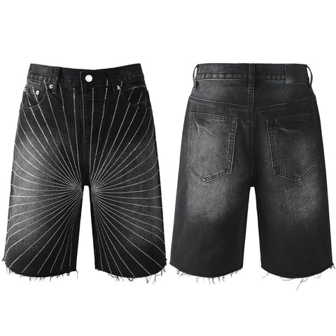 Purple Jeans Men’s Black Denim Shorts with Radiating Studded Stripe Design Raw Hem Streetwear Style 5104