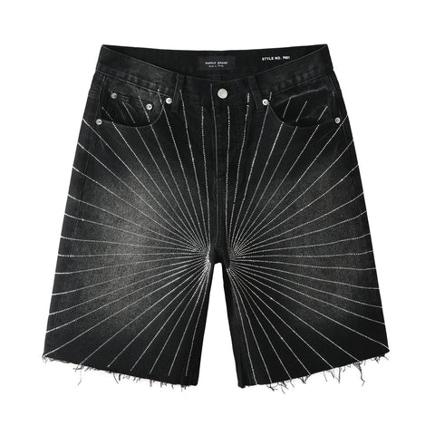 Purple Jeans Men’s Black Denim Shorts with Radiating Studded Stripe Design Raw Hem Streetwear Style 5104