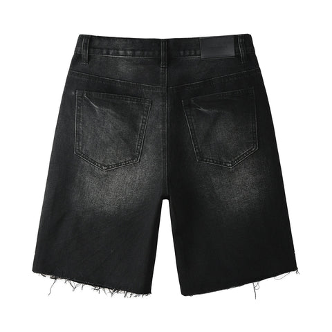 Purple Jeans Men’s Black Denim Shorts with Radiating Studded Stripe Design Raw Hem Streetwear Style 5104