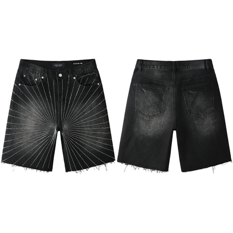 Purple Jeans Men’s Black Denim Shorts with Radiating Studded Stripe Design Raw Hem Streetwear Style 5104