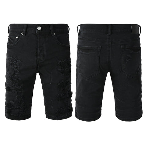 Purple Jeans Edgy Distressed Black Denim Shorts with Destroyed Rips for Men’s Summer Fashion 5108