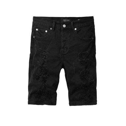 Purple Jeans Edgy Distressed Black Denim Shorts with Destroyed Rips for Men’s Summer Fashion 5108