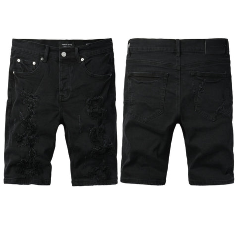 Purple Jeans Edgy Distressed Black Denim Shorts with Destroyed Rips for Men’s Summer Fashion 5108