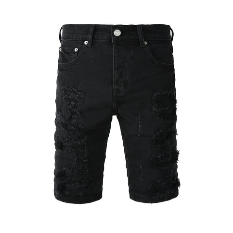 Purple Jeans Edgy Distressed Black Denim Shorts with Destroyed Rips for Men’s Summer Fashion 5108
