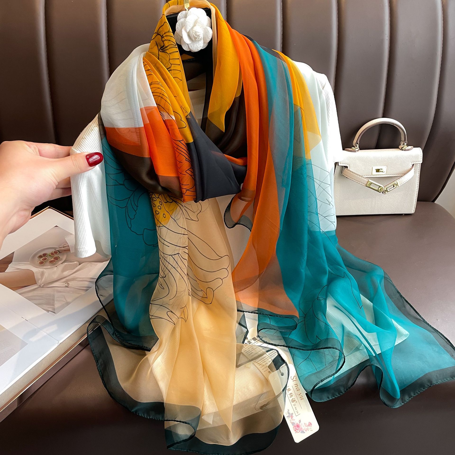 Youshou Silk Scarf Sun Protective Shawl Thin Long Style With Print