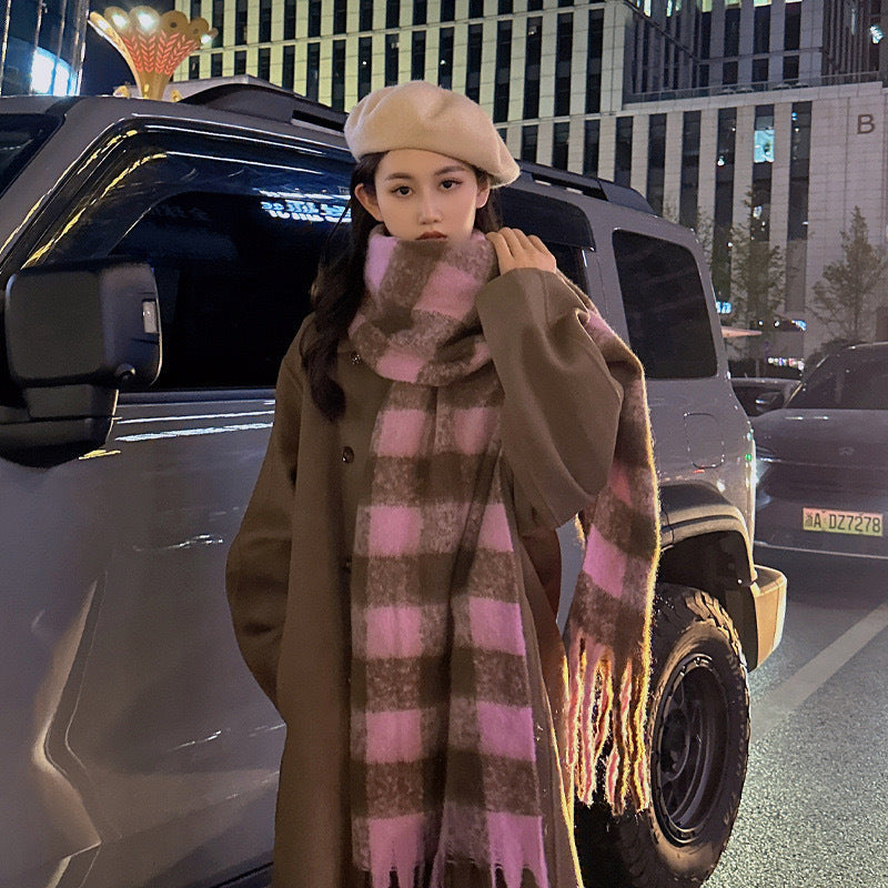 Rainbow-grid Womens Mohair Thermal Snood Long Style