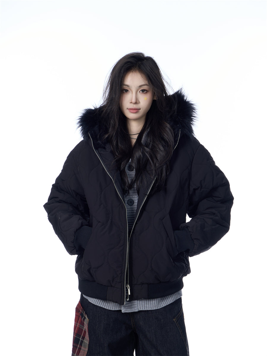 American Retro Rhombus Fur Collar Cotton Cardigan Hooded Cotton Jacket