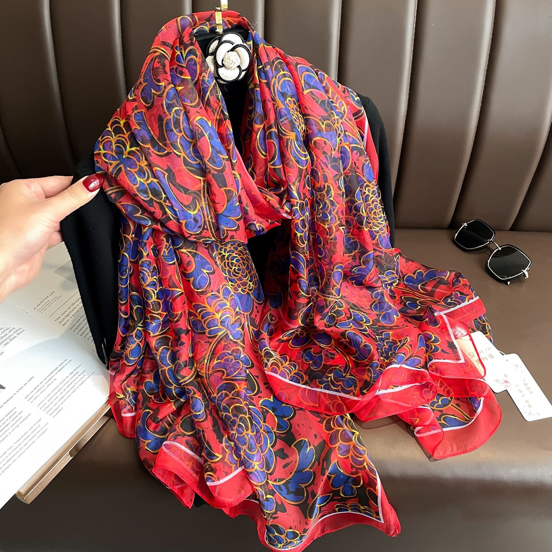 Youshou Silk Scarf Sun Protective Shawl Thin Long Style With Print